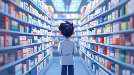 A young man stands in a pharmacy aisle facing a wall of shelves stocked with medicine  He is lost in thought contemplating the choices before him