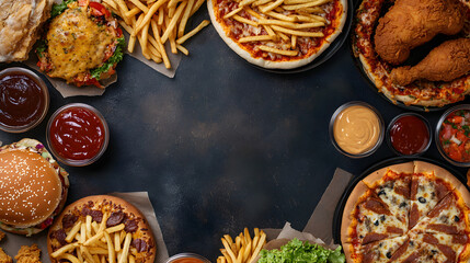 Assorted Fast Food Feast with Burgers, Fries, Onion Rings and Sauces , AI GENERAT