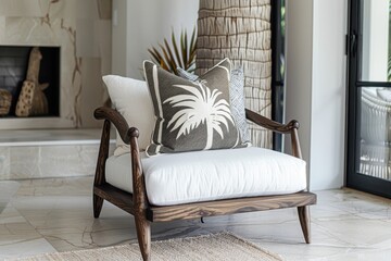 Coastal living room lounge chair with white palm tree cushion White House brown and white chair