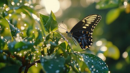 A black and yellow butterfly with its wings open, perched on a green leaf with water droplets in the sunlight.