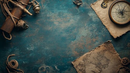 Columbus Day concept flat lay background with copy space for sea travel.