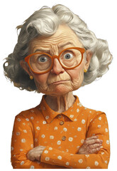 A portrait of a woman with a surprised expression arms crossed and a polka dot blouse