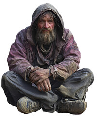 A weathered man in a hooded jacket sits with his hands clasped