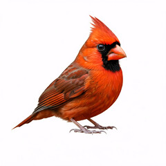 A bright red cardinal with a prominent crest, perched on a branch against a white background