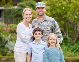 Portrait, family and man as soldier outdoor for return home, military welcome and reunion from army service. Parents, children and embrace with hero from war, bonding together and warrior safety