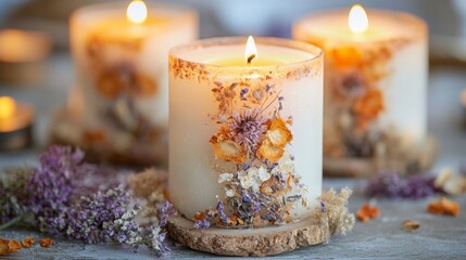 herbal candles and decorations on the wooden plate