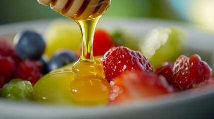 honey dripping from a honey dipper on fruit