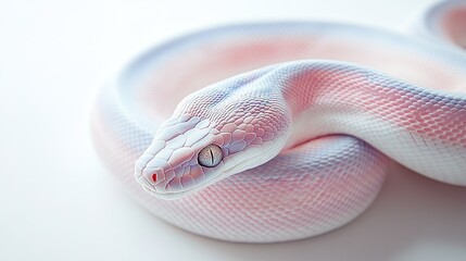 Fototapeta premium Close-up of a coiled white and pink snake with striking eyes.