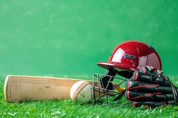 Cricket gear on grass with green backdrop