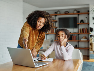 mother child home family homework daughter teenage parent education arguing bored tired refusing...