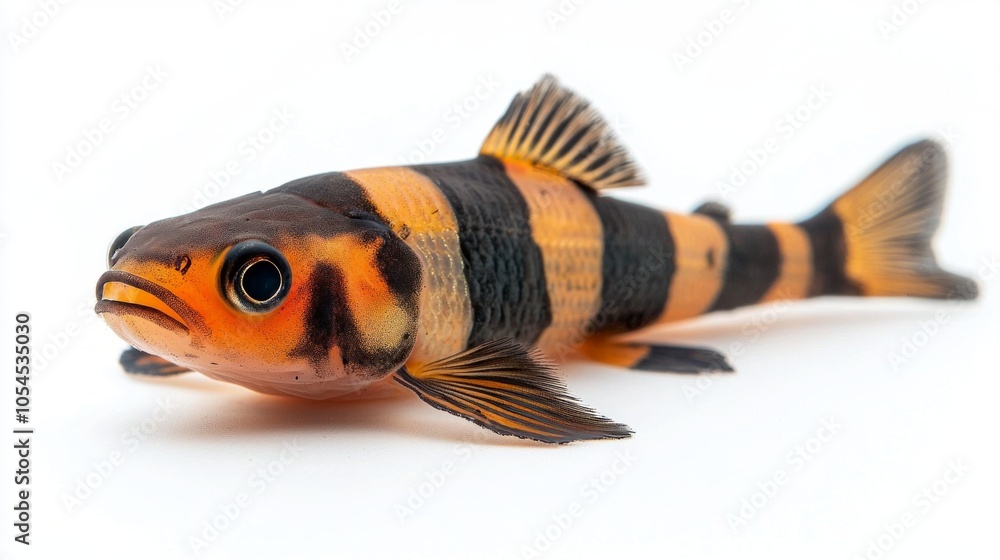 Poster clown loach exhibits its vibrant colors and distinct patterns while resting on a white background sh