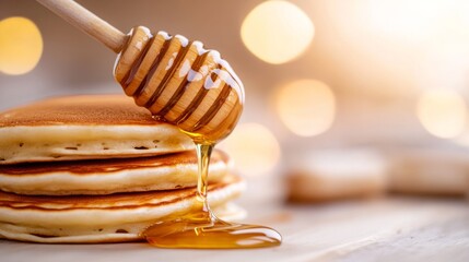 honey dripping from a dipper on pancakes