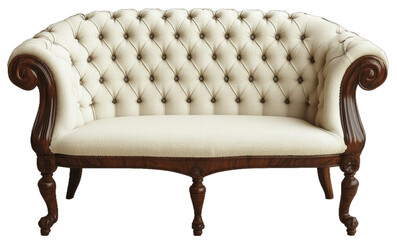 Elegant white tufted sofa with ornate wooden frame and curved arms