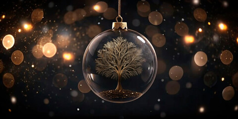 Elegant glass Christmas ornament with a glittering golden tree, set against a soft bokeh background, perfect for holiday and seasonal themes.