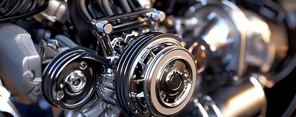 Highly detailed modern car engine captured in silver and black colors, shown from the side.