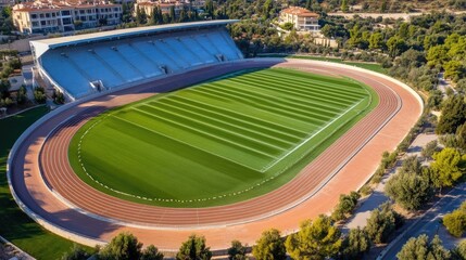 This vibrant sports stadium, nestled among lush trees and tall buildings, showcases meticulously maintained grass. The scene captures an urban setting bustling with life