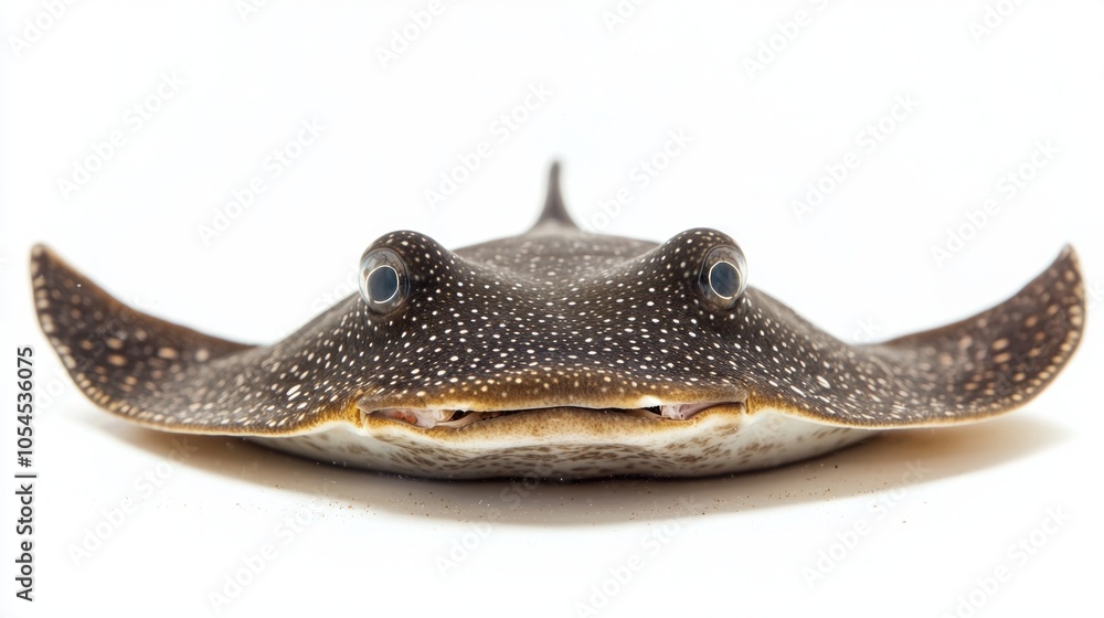Poster electric ray rests on a white surface revealing its distinctive body shape and patterns. its eyes an