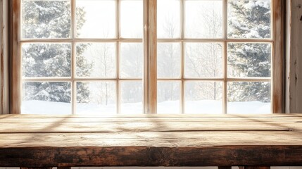 wooden table at windows in snow day