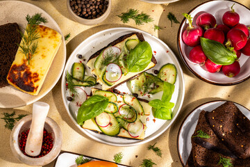 Healthy vegetarian sandwiches with cheese, cucumber, radish and basil on a table