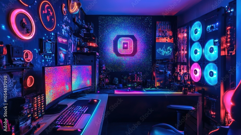 Poster stylish custom gaming setup with colorful lighting