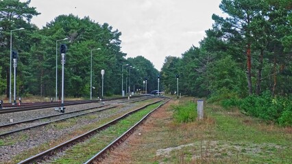 Railroad Track Junction and Road Crossing with Signal Semaphore with Blue Light Designating Railway...