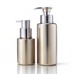 Luxurious golden cosmetic pump bottles mockup on white background