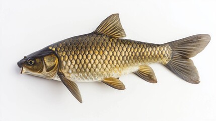 grass carp scientifically known Ctenopharyngodon idella rests on a pristine white surface highlighting its scale patterns and physical details effectively for study or presentation.