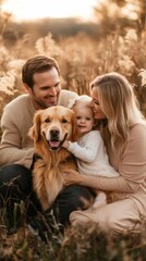 Family Portrait with Golden Retriever in Natural Outdoor Setting