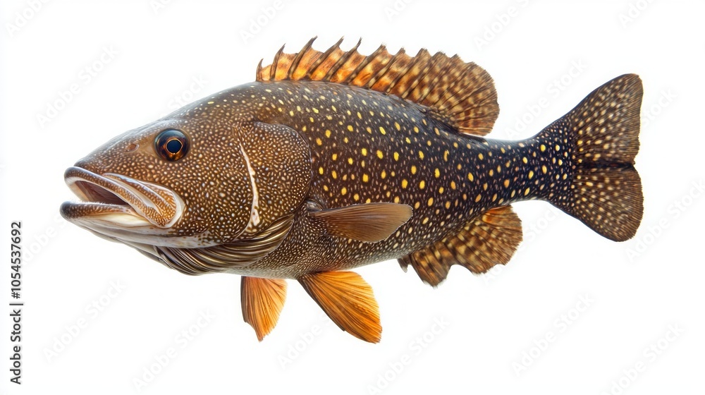 Poster grouper epinephelinae displays its intricate patterns and vibrant coloration floating against a clea