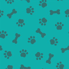  Pet paw footprint seamless pattern. Dog paw print and bone on blue background. It can be used for wallpapers, wrapping, cards, patterns for clothes and other.