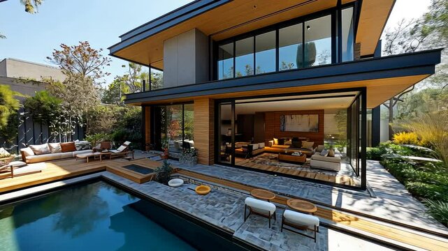 Step into a beautifully designed house showcasing expansive glass walls, inviting gardens, and a peaceful pool area, perfect for relaxation