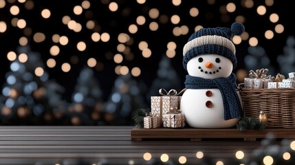 The snowman, adorned with a scarf and hat, is surrounded by beautifully wrapped gifts and twinkling lights, creating a warm and joyful atmosphere for the holidays