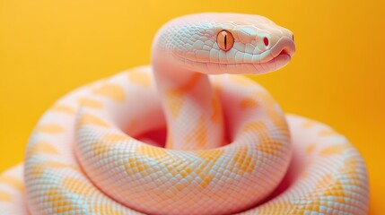 Fototapeta premium Coiled albino python on vibrant yellow background