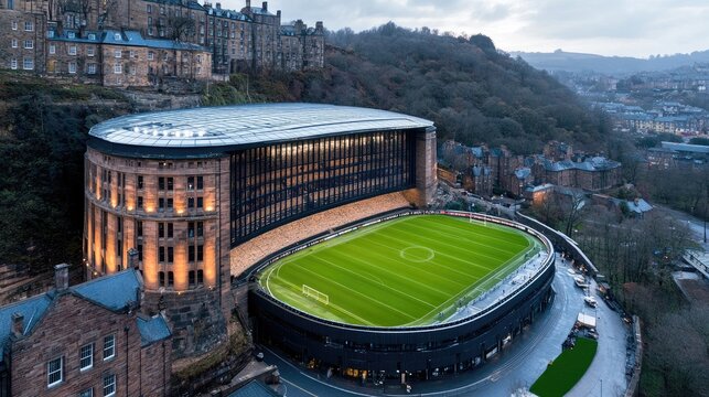 This vibrant sports stadium, nestled among lush trees and tall buildings, showcases meticulously maintained grass. The scene captures an urban setting bustling with life