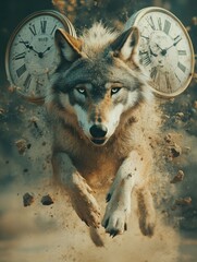 Wolf running with a clock in its mouth