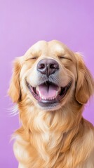 Joyful Golden Retriever with a Happy Expression on a Purple Background