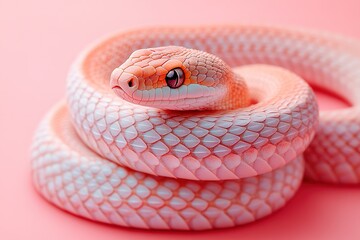 Fototapeta premium Coiled albino snake with pink and blue scales on pink
