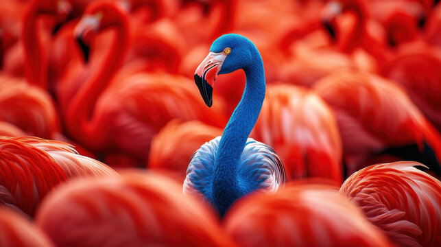 Unique Blue Flamingo Standing Out Among Red Flamingos.