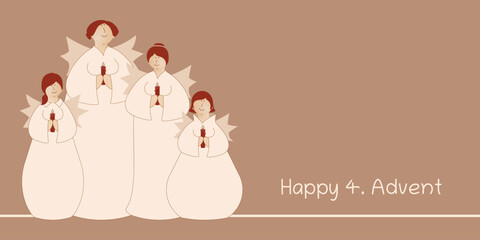 Happy 4. Advent - Schriftzug in englischer Sprache - Fröhlicher 4. Advent. Grußkarte mit vier niedlichen Engeln mit Kerzen.