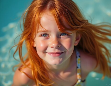 Ein fr&ouml;hliches rothaariges M&auml;dchen im Badeanzug beim Schwimmen