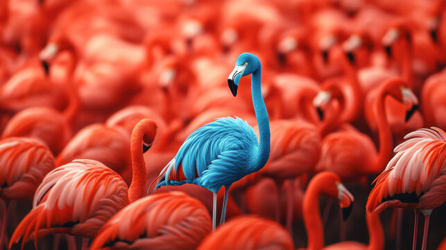 Unique Blue Flamingo Standing Out Among Red Flamingos. - Powered by Adobe
