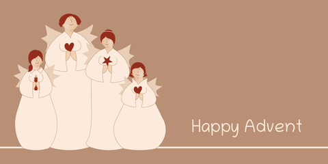 Happy Advent - Schriftzug in englischer Sprache - Fröhlicher Advent. Grußkarte mit vier niedlichen Engeln mit Kerzen, Herz und Stern.
