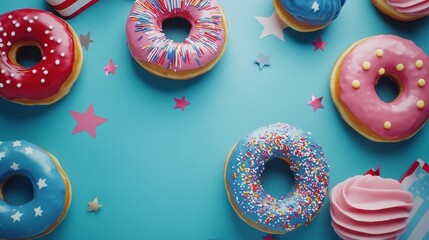 Colorful Assortment of Frosted Donuts on Blue Background