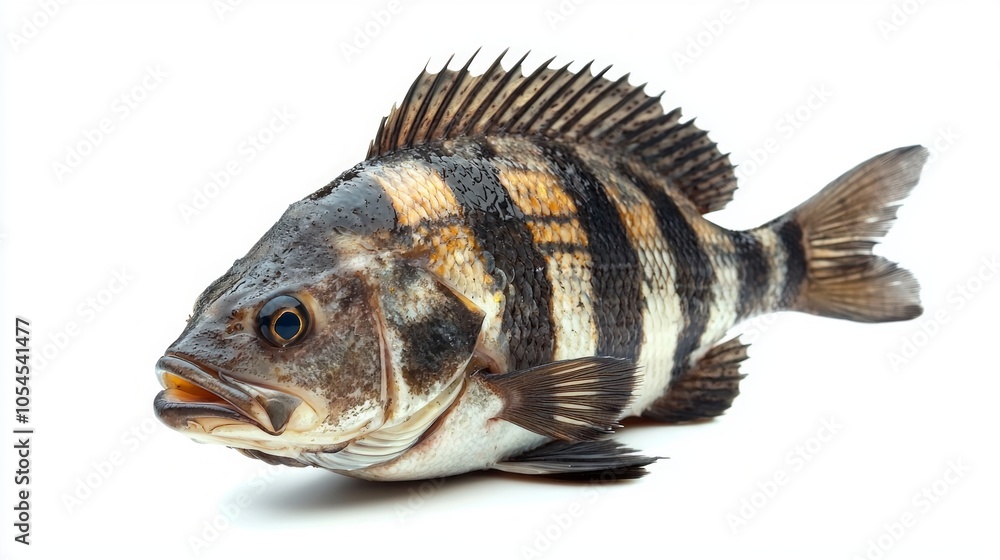 Poster picture showcases a sheepshead fish with distinctive black stripes resting on a white background hig
