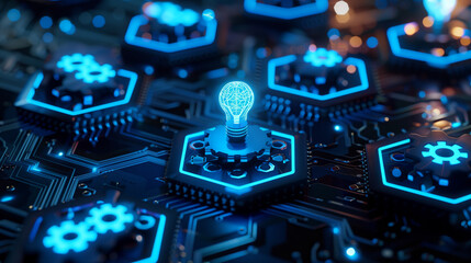 3D render of glowing blue hexagons featuring gears, a lightbulb, and brain icons on a circuit board background, representing high-tech digital marketing and AI innovation.

