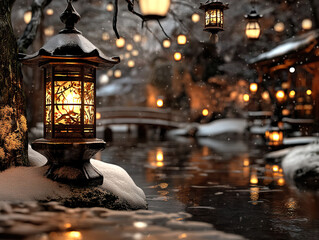 Snowy Japanese Garden with Lanterns at Night
