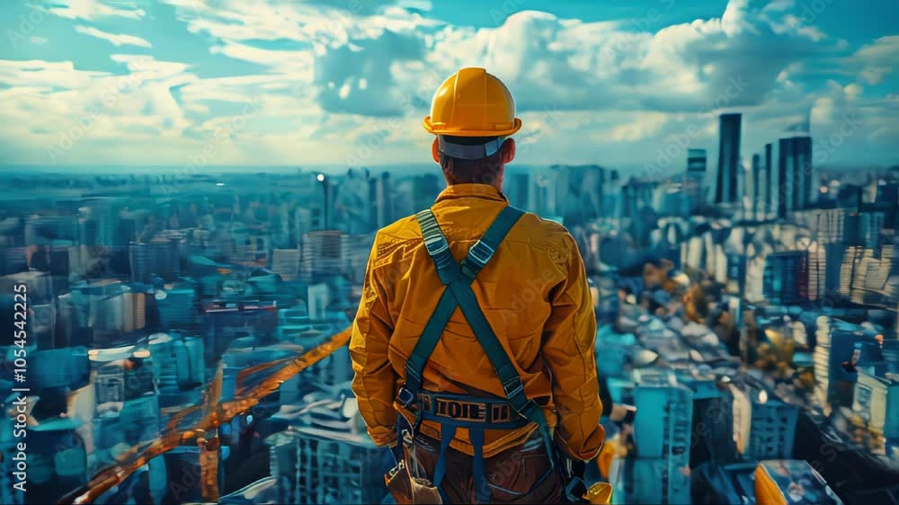 Poster Back view of a construction worker in a hard hat and reflective jacket standing on the background of a building under construction