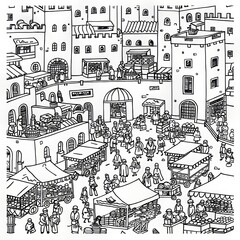 A bustling black and white illustration of a market scene in a medieval town.