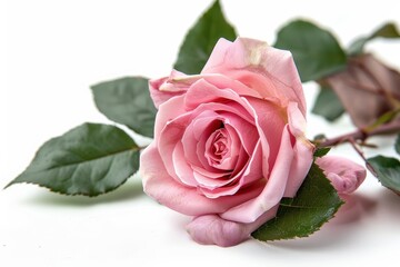 Fototapeta premium Isolated pink rose with fresh leaves on white