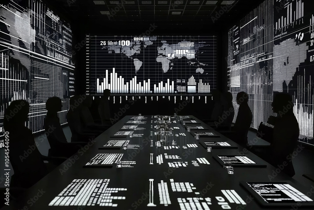Aufkleber sleek futuristic boardroom featuring large digital display with global data visualizations. room is 